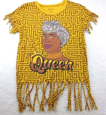 On Fire Brand Fringe Tassel African Black Queen Yellow & Brown Shirt Size M