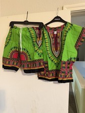 African Dashiki Kids 2-Piece Set   Green Tribal Print Top  Shorts Outfit