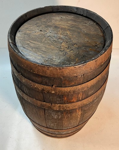 Sweet Antique Oak Keg w/ 6 Iron Bands 16.5" H W/ Advertisement Lawrence, MA