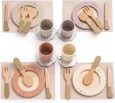 ROBUD 4-Set Wooden Play Dishes Set - Montessori-Inspired Play Food Accessories