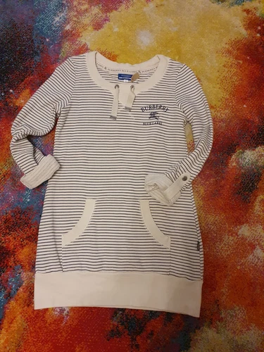 Top tunica Burberry blu etichetta grande logo a righe avorio donna taglia 38 UK 10 12