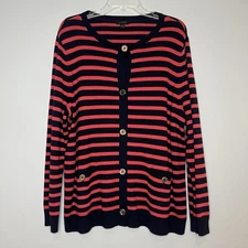 J. Jill Wearever Cardigan Womens Size XL Stripe Navy Pocket Preppy Sailor Yacht