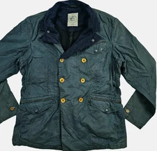 *HOT Men's BARBOUR @ SPORTS DOUBLE BREAST WOOL TRIM NAVY WAXED Jacket L (*Fit M)