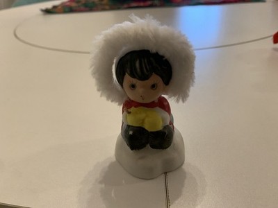 Vtg Ornament Bell Eskimo Ice Fishing Hand Painted  Porcelain Bisque Made Taiwan