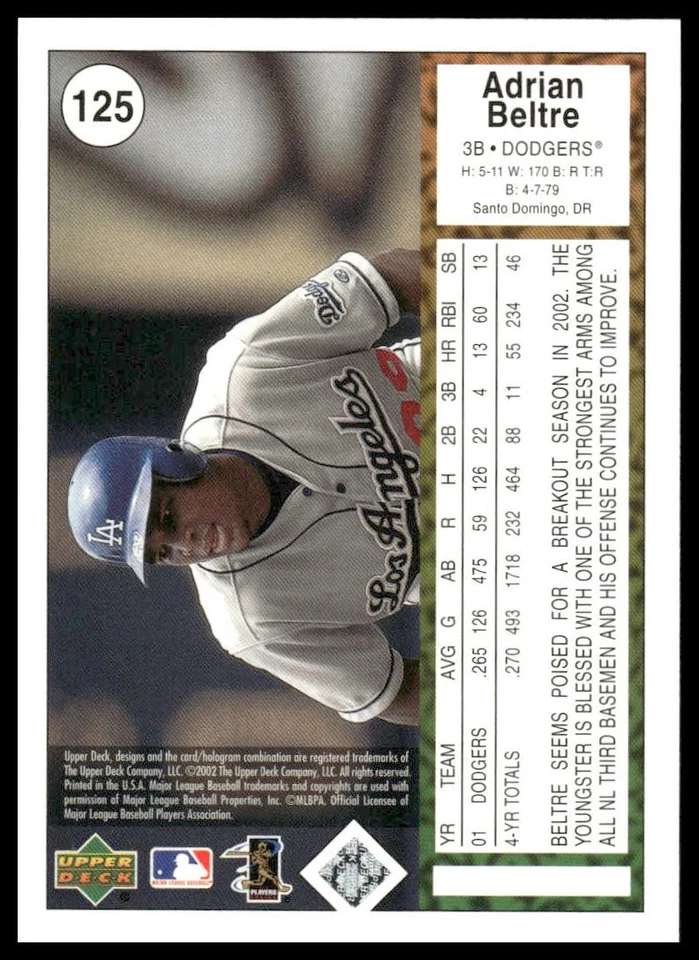 2002 UD Authentics #125 Adrian Beltre Los Angeles Dodgers - Image 2 of 2