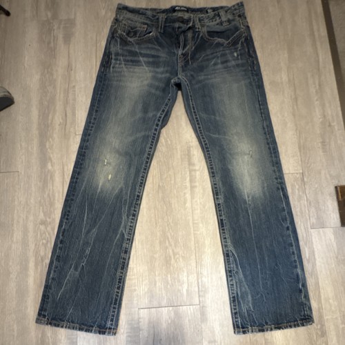 MEK DNM Men's Straight Blue Denim Jeans Button Zip Embroidered Logo Theme