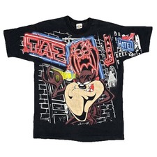 Vintage 1995 Taz Looney Tunes Neon Sign Shirt Freeze NY Size Large Black AOP USA