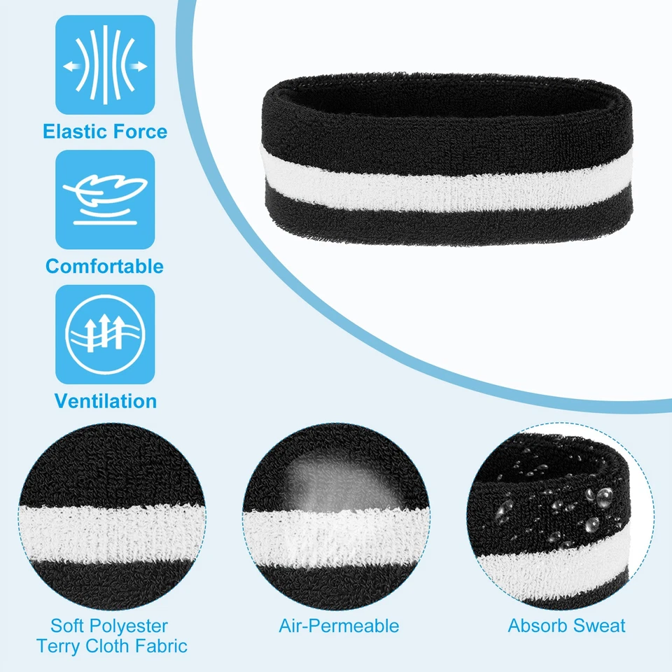 4 Pcs Sweatband Headbands Terry Cloth for Women Men Sports Black White Foto 3 de 4