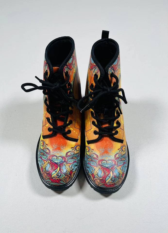 Peace Sign Combat Boots Size 5.5 EU 36 Orange Psychedelic Ankle Lace Up - Image 3 of 4