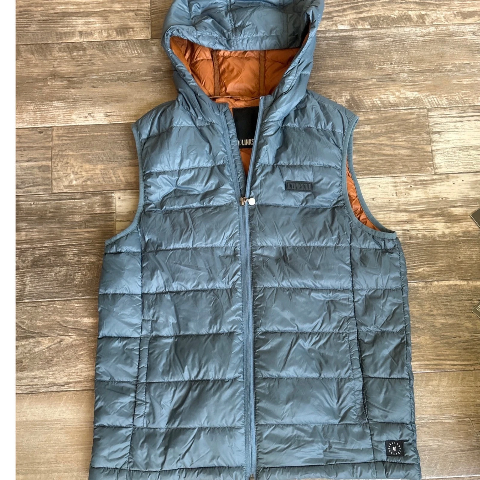Linksoul Mens small Down Puffer Vest Blue Grey Hooded Full Zip Golf Quilted S