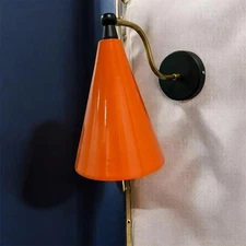 Handmade Modern brass Wall Sconce with orange lampshade – Minimalist vintage Bra