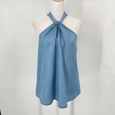VTG B Original By Shoe Fly Button Top M Blue Chambray Tencel Halter Babydoll Y2K
