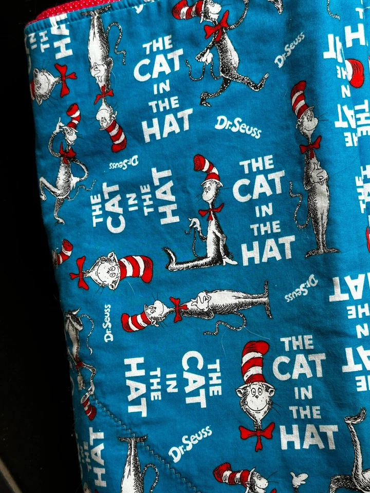 Cat In The Hat Dr. Seuss Handmade Baby Quilt Double Sided Blue 40” X 35” READ - Image 2 of 4