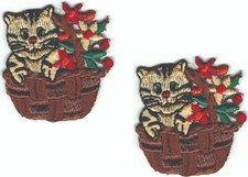 Small Cartoon Cat Patch in Basket Embroidered Cut out Iron on Sew on Lot of 2