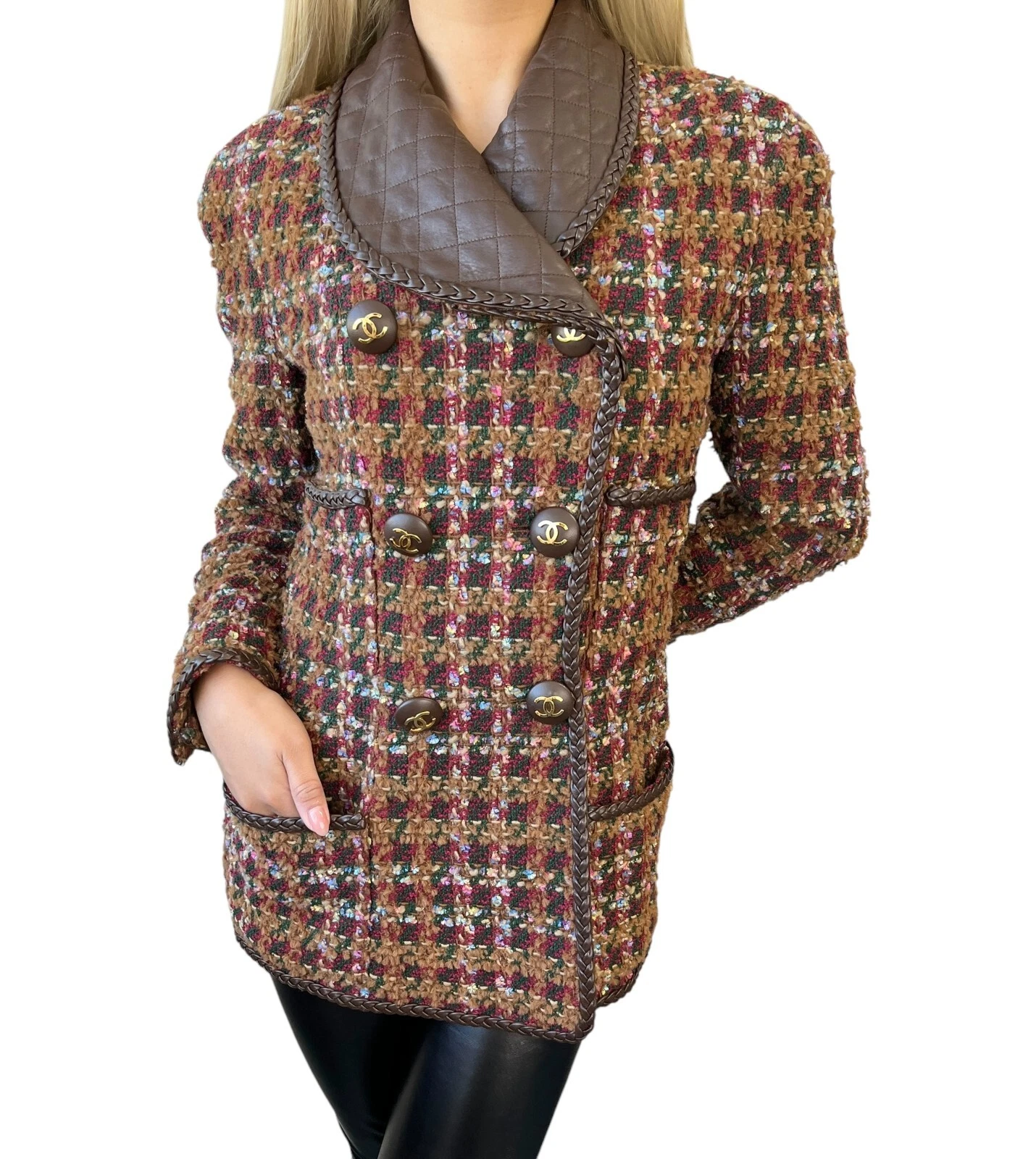 Giacca tweed CHANEL vintage 92A CC logo #38 multicolore bottoni lana pelle