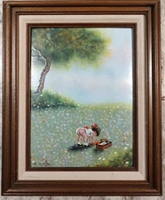 Don Mingolla Child Gathering Flowers Enamel On Copper Painting Signed and Framed