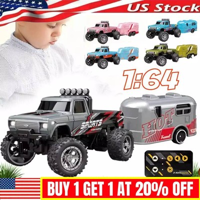 Mini RC Monster Truck USB-C Rechargeable Underflow with Trailer,1:64 Scale Alloy