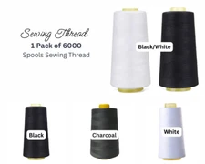 6000 Yard Spool Sewing Thread - Shades of Black & White, 100% Polyester Overlock
