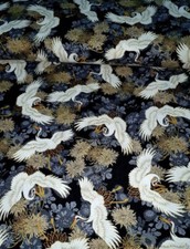 1m Crane Japanese Grey Black  color gold Chinese Oriental fabric 58" New