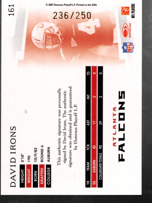 A0654- 2007 Donruss Threads Rookie Autographs #161 David Irons Auto /250 - NM-MT - Image 2 of 2
