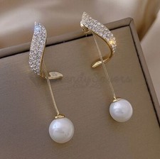Elegant White Pearl 925 Silver Crystal Gold Drop Earrings Women Engagement Gift