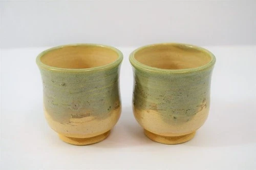 Green Tea Cups Mugs Pair Vintage Ceramic Tea Sake Glazed Pottery Asian Style
