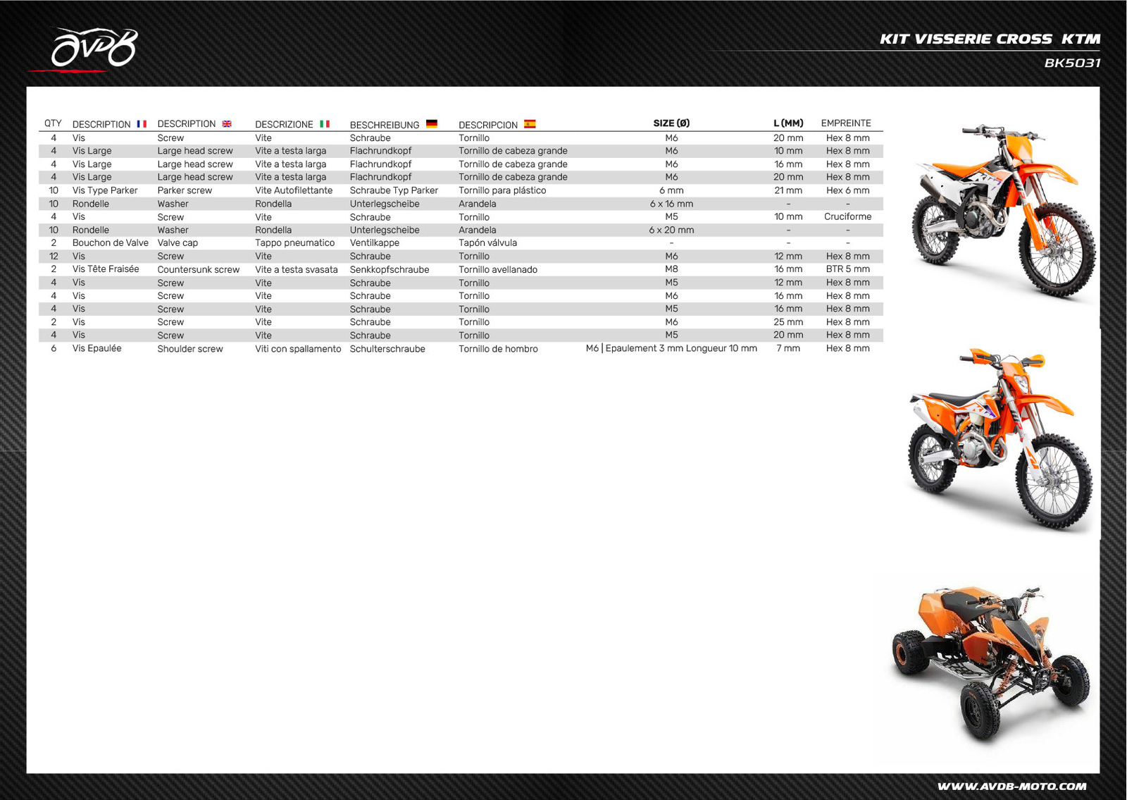 Kit vis KTM SX-E 5 pieces de rechange boulonnerie intermediale moto enfant 90 pcs