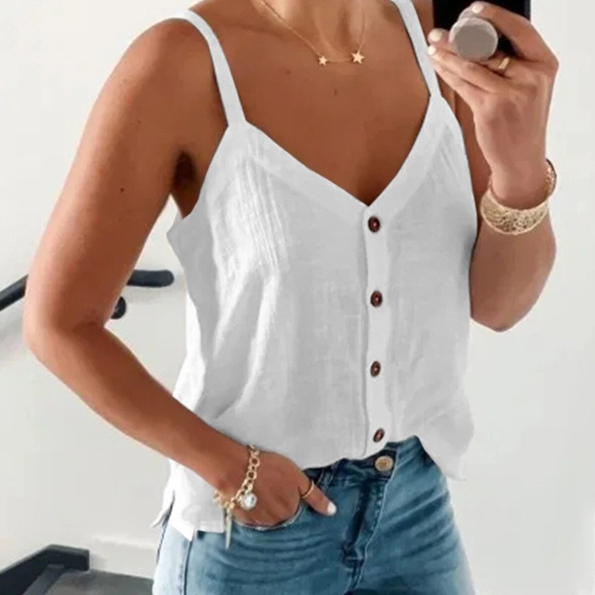 Womens Summer V Neck Sleeveless Tank Tops Casual Loose Button Vest T-Shirt  Beach