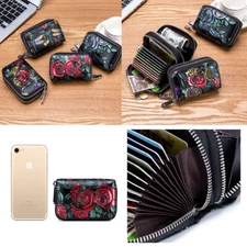 Black Foral Women Zipper Wallet Genuine Leather Credit Card Holder Purse Pocket