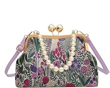 Vintage Floral Pearl Chain Embroidered Purse for Women, Retro Flower Crossbod...