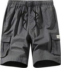 Men's Cargo Shorts Cotton Elastic Waist Drawstring Multi Pocket Summer Casual