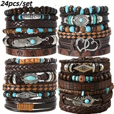 New 24-PC Bohemian Turquoise Bead Bracelet Set   Multi-Layer Woven - Great Gif