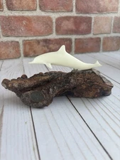 VTG John Perry Sea Life Sculpture White Dolphin On Burl Wood Base