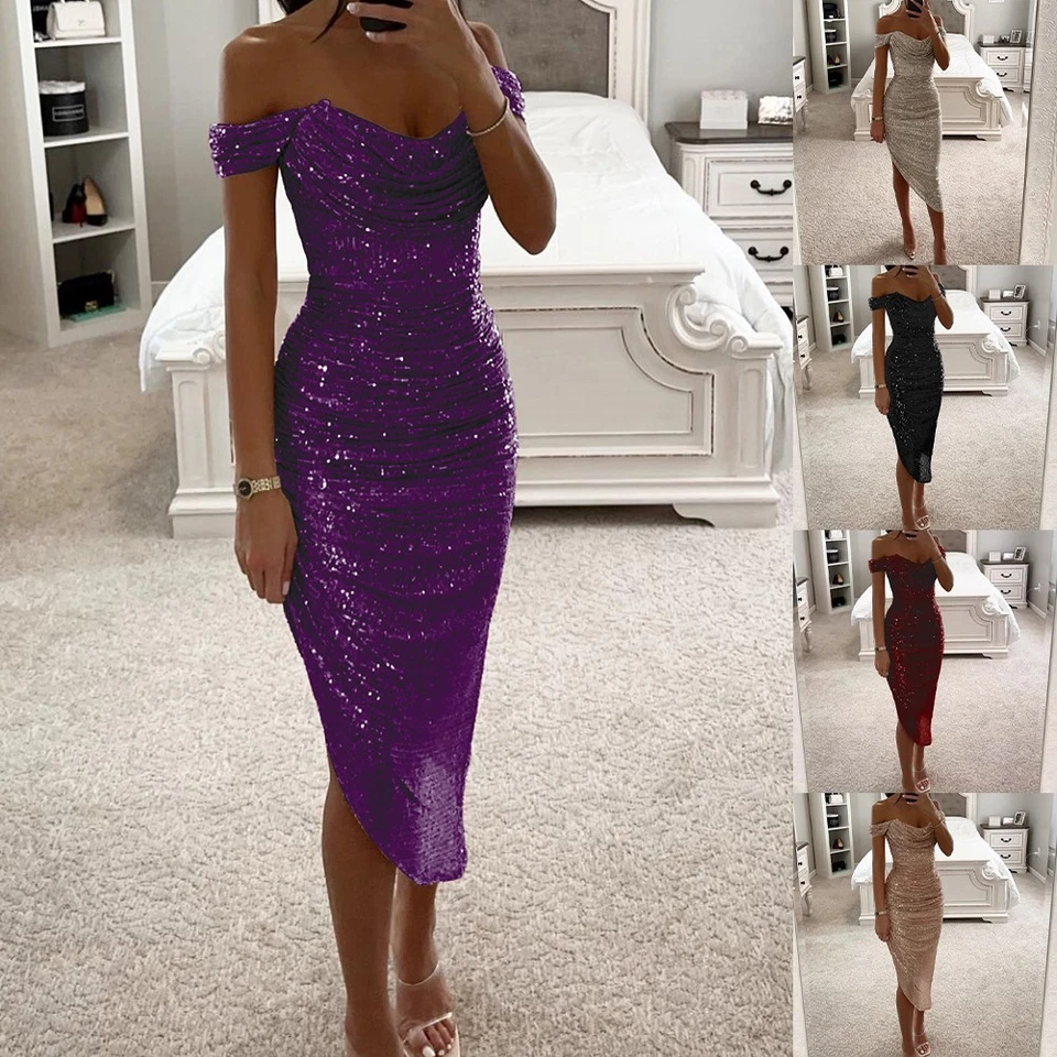 Schulterfreies Abendkleid mit Pailletten für Damen Ballkleid Party formelle Kle - Bild 2 von 4