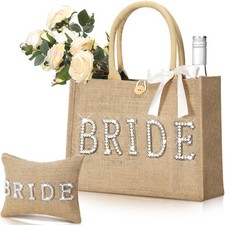 2 Pcs Bride Bag Set Bride Jute Beach Tote Bag with Ribbon Makeup Pouch with R...