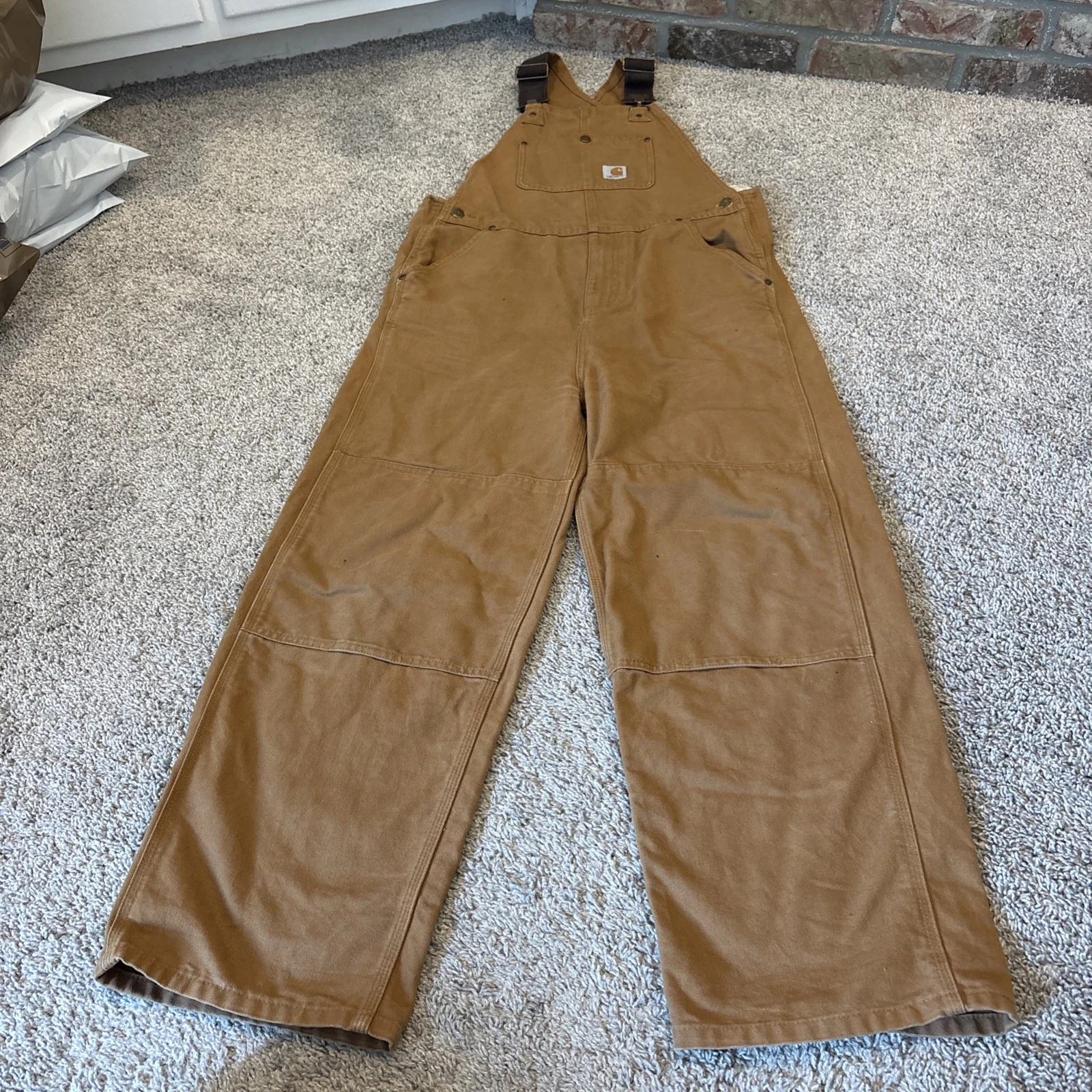 Carhartt Bibs Overalls Kids 16 Brown Canvas Youth Boys Double Knee Duck Outdoor