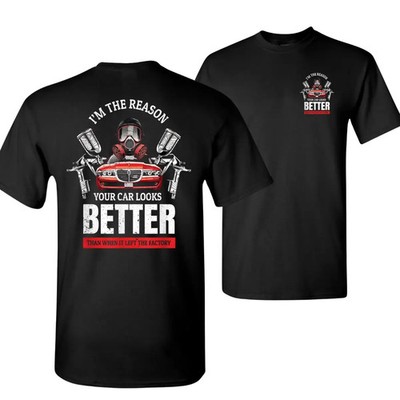 Auto Body Painter Shirt, Spray Gun and Mask Design with Red Sports Car Graphic