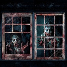2 Pcs Scary Halloween Curtain Window Silhouette Cover Horror Zombie