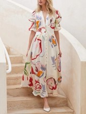 Womens Floral Maxi Dress Puff Sleeve V Neck Tie Waist Summer Dress S-3XL