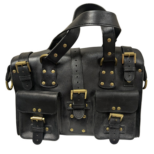 Vintage Y2K Mulberry Roxanne Smooth Black Leather and Brass Buckle Handbag Purse