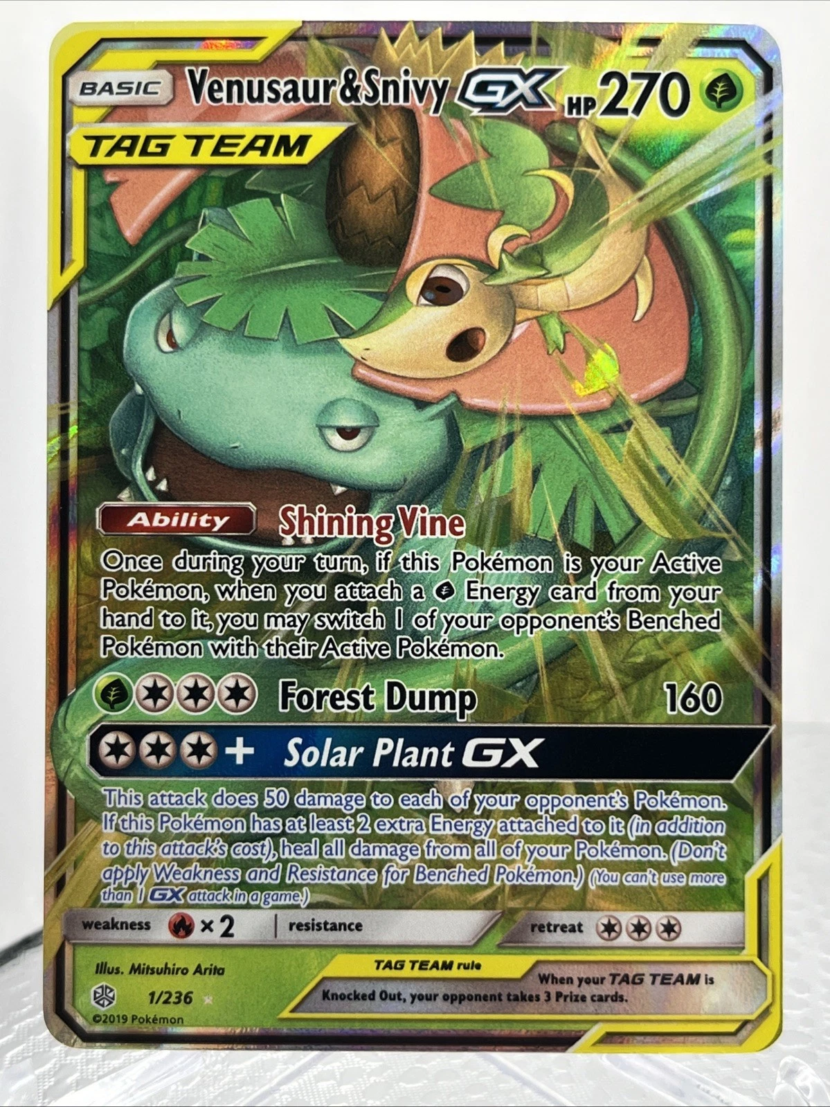 Pokémon TCG Venusaur & Snivy Tag Team GX Cosmic Eclipse Holo Card (#1/236)