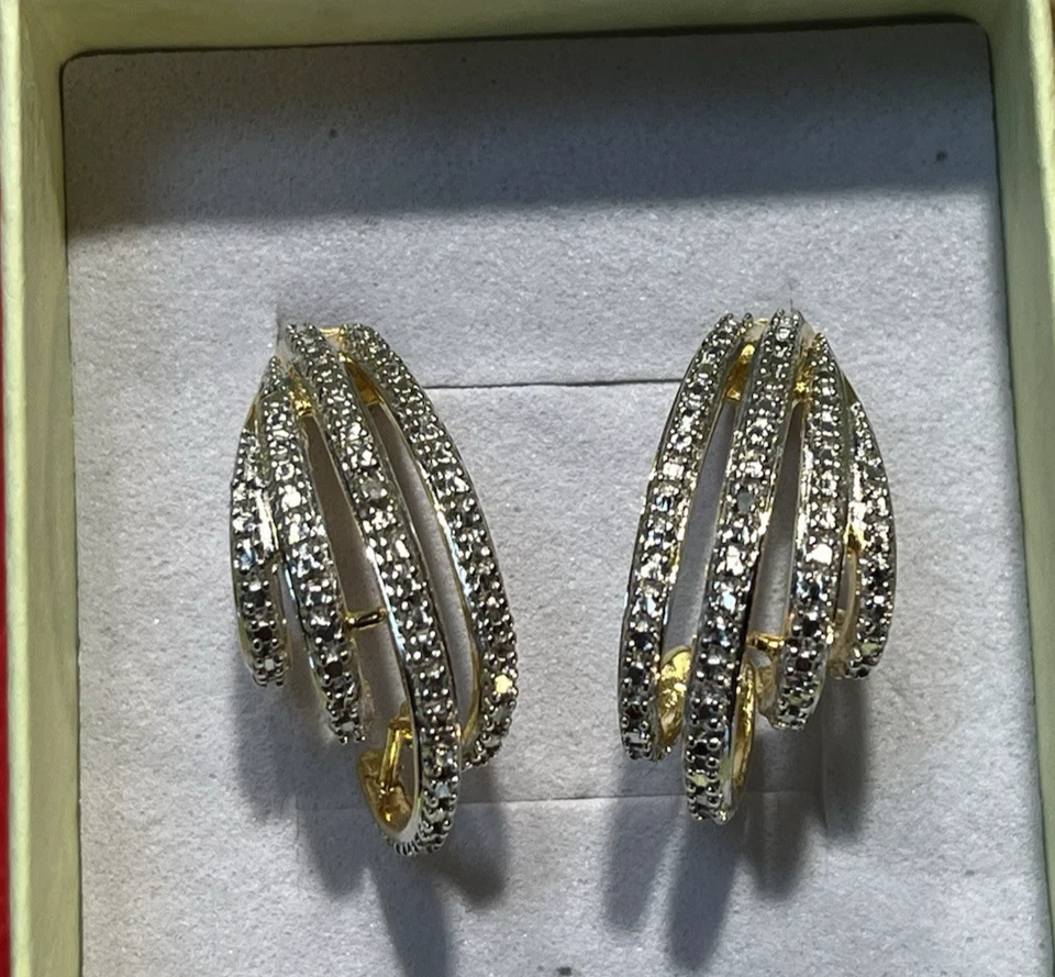 Vintage Sterling Silver .925 Ross Simons Diamond Pave Gold 4 Ribbed J-Earrings - Image 4 of 4
