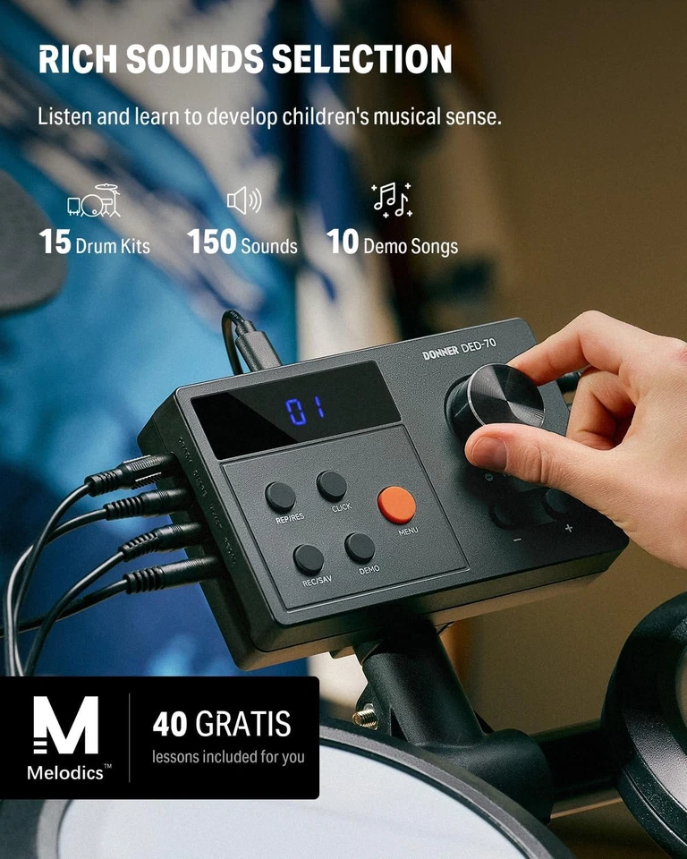 Donner DED-70 Batteria elettrica per bambini 150 suoni, 4 pad a rete silenziosi - Immagine 2 di 4