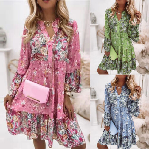 Womens Boho Floral V Neck Mini Dress Ladies Flared Long Sleeve Swing Sundress