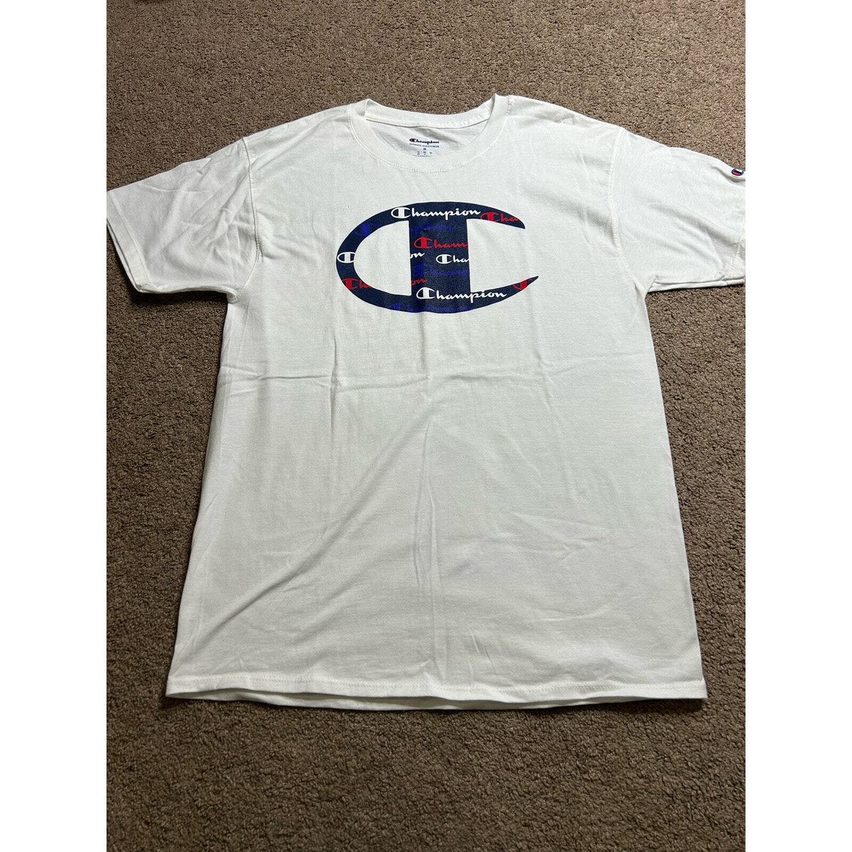 Men’s Medium Champion Big C Logo White Graphic Tee Vinyl Graphic T-Shirt