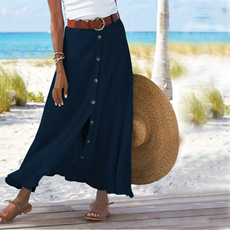 Women's Long Skirt Cotton Hemp Half Skirt Slit A Line Comfortable Casual