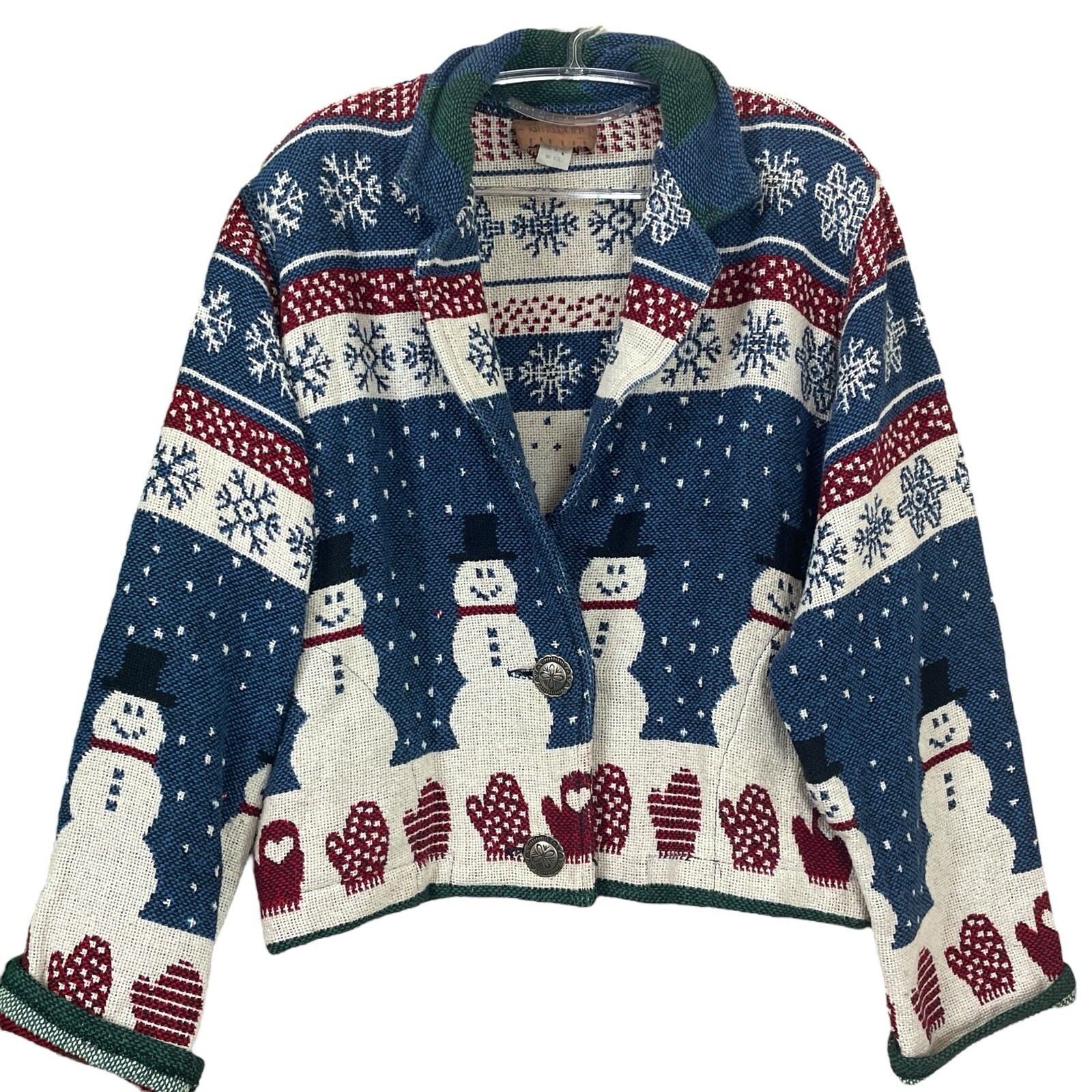 Giacca arazzo ritagliato guantone pupazzo di neve invernale pony dipinto blu rosso taglia unica OS