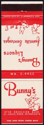 Vintage matchbook cover BUNNYS LIQUORS rabbits pictured St Louis Park Minnesota