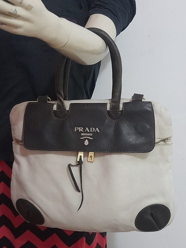 PRADA vintage rare piece, leather shoulder bag Brown White, flapped, authentic - Picture 3 of 24