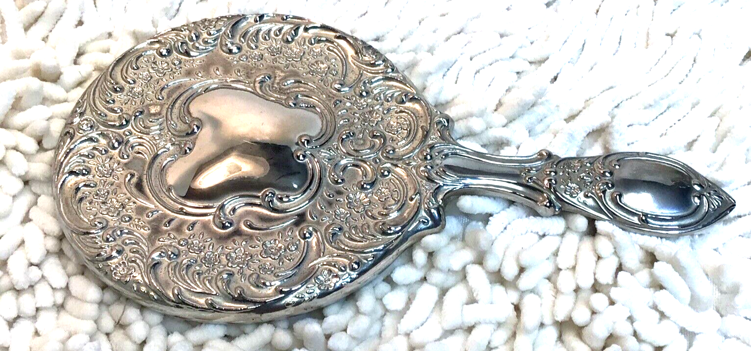 Antique Hand Mirror Silver Plated Vanity Ornate Victorian Floral Art Deco, image size:1532x717